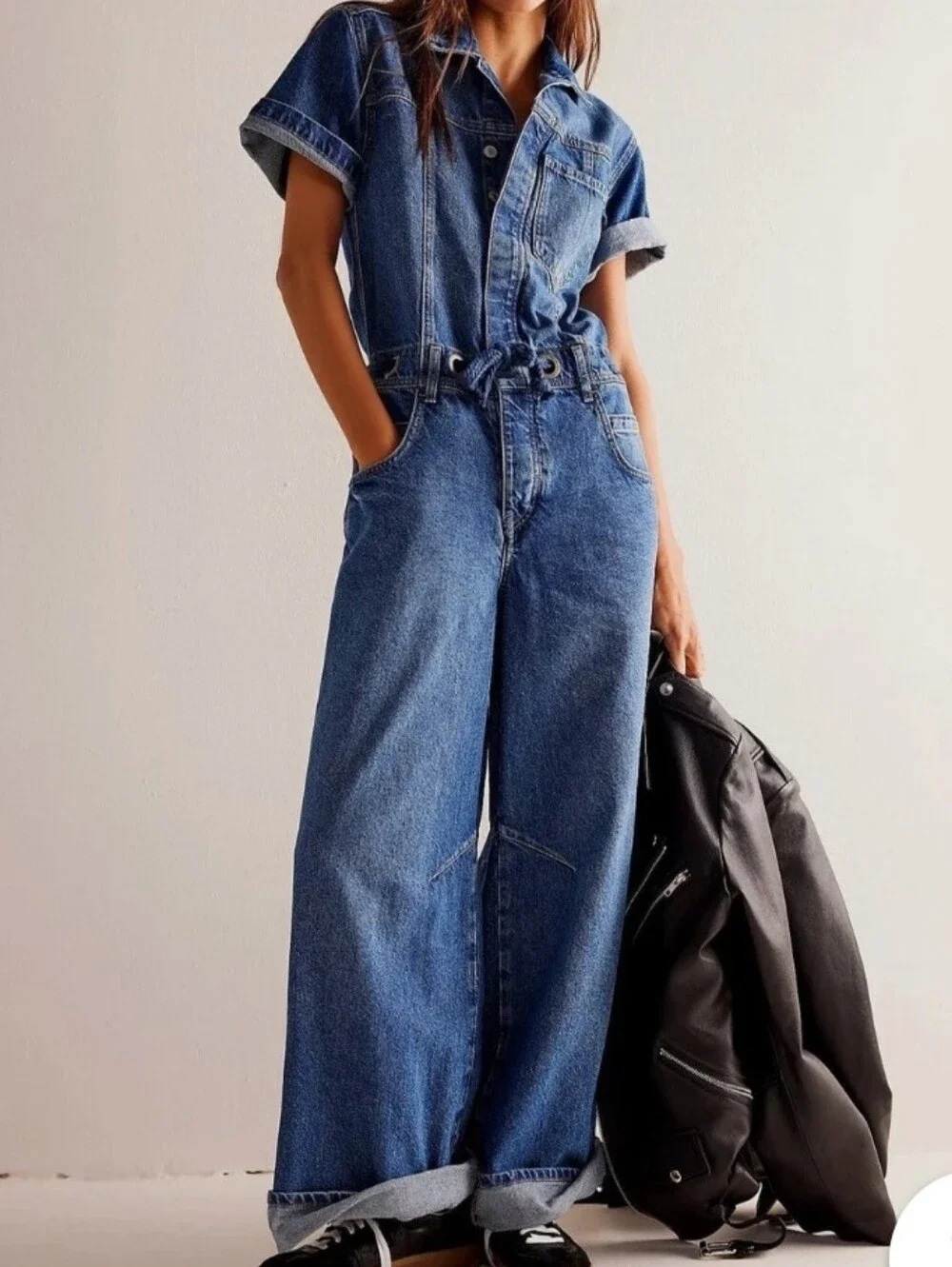 Free People Denim Short-Sleeve Jumpsuit in Medium Blue